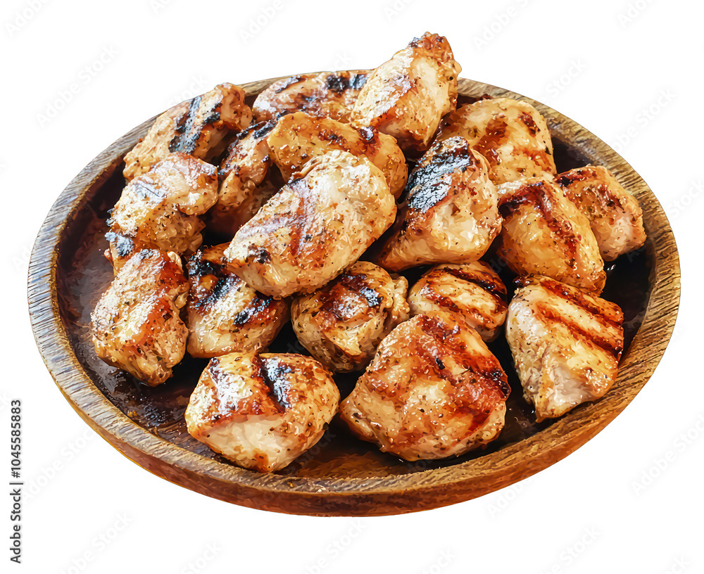 Wooden plate with grilled chicken, presented in isolation on a see-through background. Wooden plate with grilled chicken, presented in isolation on a see-through background.