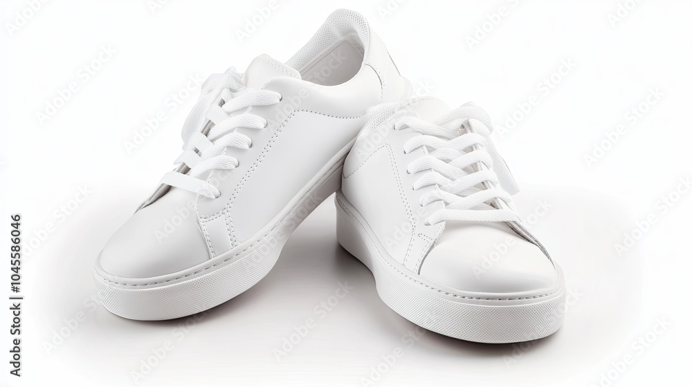 A pair of clean white sneakers on a transparent background, highlighting comfort, style, and activity. A pair of clean white sneakers on a transparent background, highlighting comfort, style, and activity.