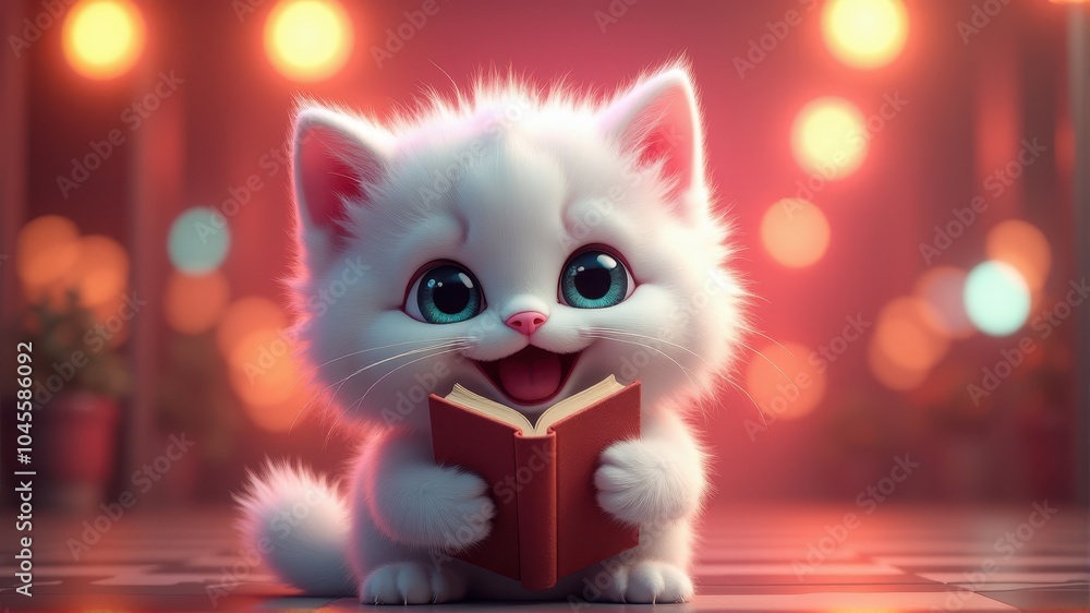 A fluffy white kitten with blue eyes happily reads a book under warm glowing lights. A fluffy white kitten with blue eyes happily reads a book under warm glowing lights.