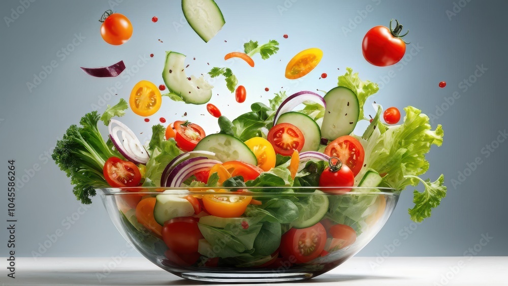 A vibrant salad with various fresh vegetables in a glass bowl, showcasing healthy eating. A vibrant salad with various fresh vegetables in a glass bowl, showcasing healthy eating.
