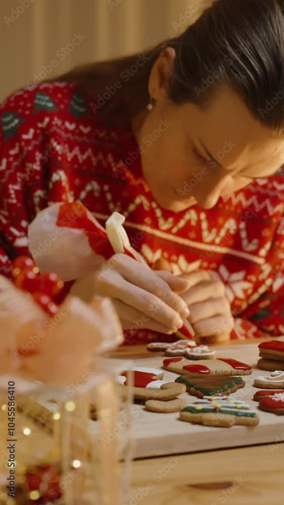 Vertical video. A Woman in a Festive Red Sweater Concentrates on Decorating Christmas Cookies, Including Trees and Stockings, by a Beautifully Lit Christmas Tree. Vertical video. A Woman in a Festive Red Sweater Concentrates on Decorating Christmas Cookies, Including Trees and Stockings, by a Beautifully Lit Christmas Tree.