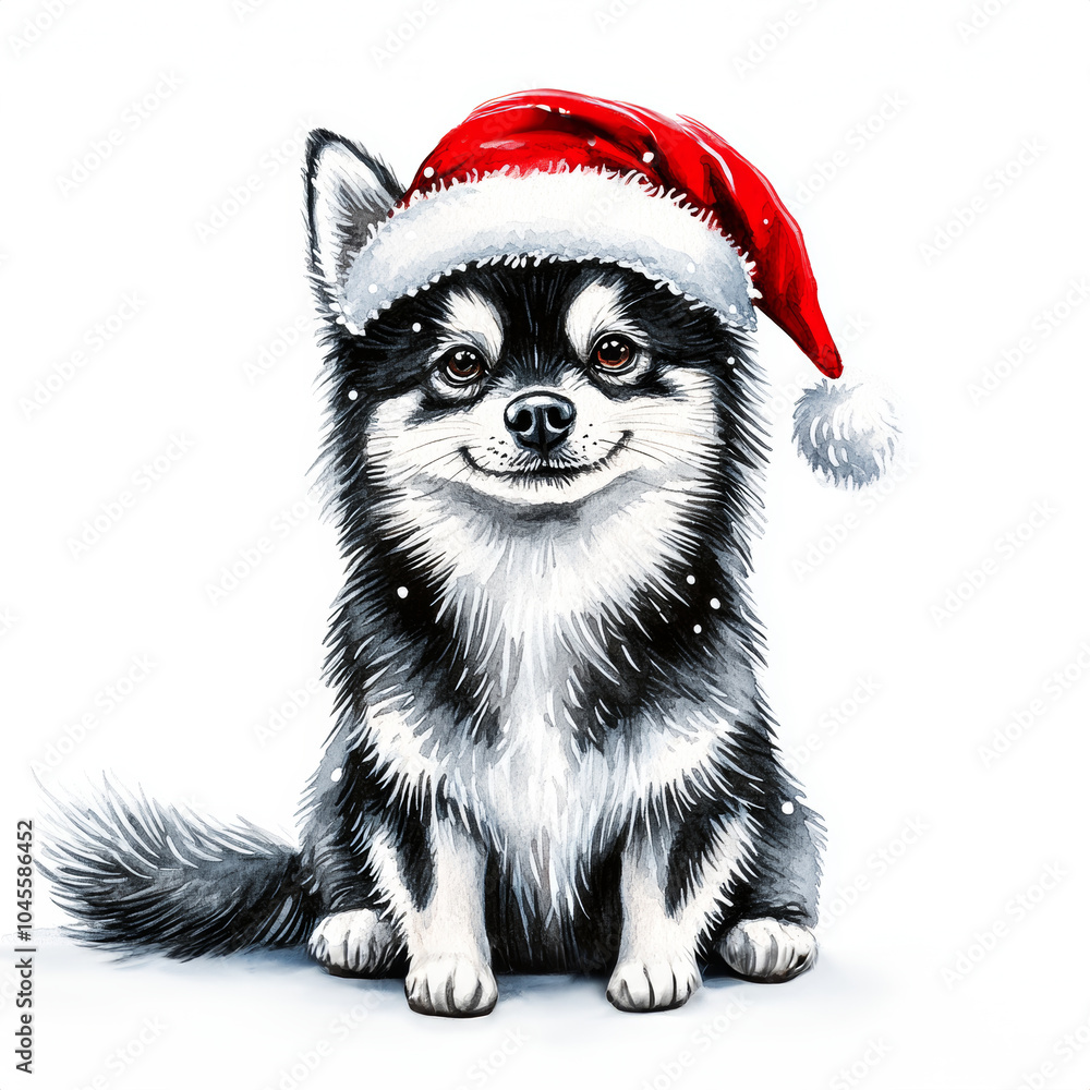 Cute black and white dog wearing a festive Santa hat against a snowy background Cute black and white dog wearing a festive Santa hat against a snowy background