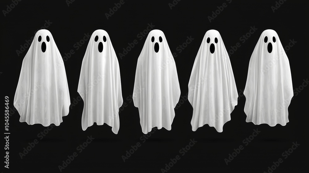 Five Cartoon Ghosts on Black Background Five Cartoon Ghosts on Black Background