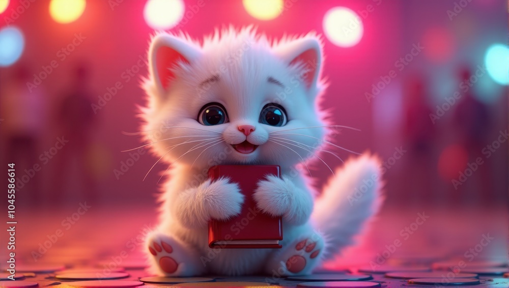 Cute fluffy white kitten with big eyes holds a red book, surrounded by colorful bokeh lights creating a warm, magical atmosphere. Cute fluffy white kitten with big eyes holds a red book, surrounded by colorful bokeh lights creating a warm, magical atmosphere.