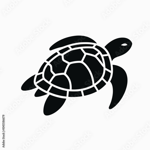 Stylized black silhouette of a turtle swimming in a simple graphic design
