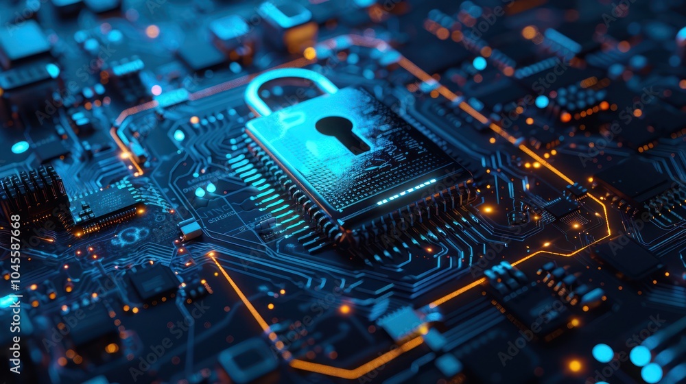 Cyber Security: Lock on Circuit Board Cyber Security: Lock on Circuit Board
