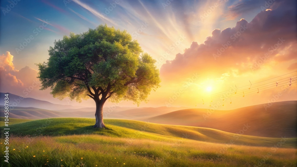 Fototapeta premium A Solitary Tree Stands Tall in a Rolling Meadow as the Sun Sets, Casting a Golden Glow on the Landscape, with Music Notes Floating Through the Air
