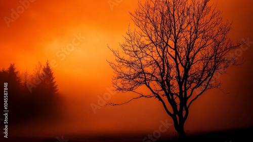 Silhouette Tree Against Dramatic Orange Sunset