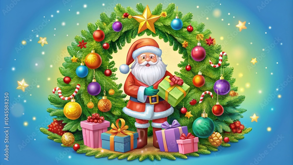 Christmas New Year Celebration Banner with Tree, Gifts, Santa, Wreath, and Letter to Santa for Holiday Festivities Christmas New Year Celebration Banner with Tree, Gifts, Santa, Wreath, and Letter to Santa for Holiday Festivities