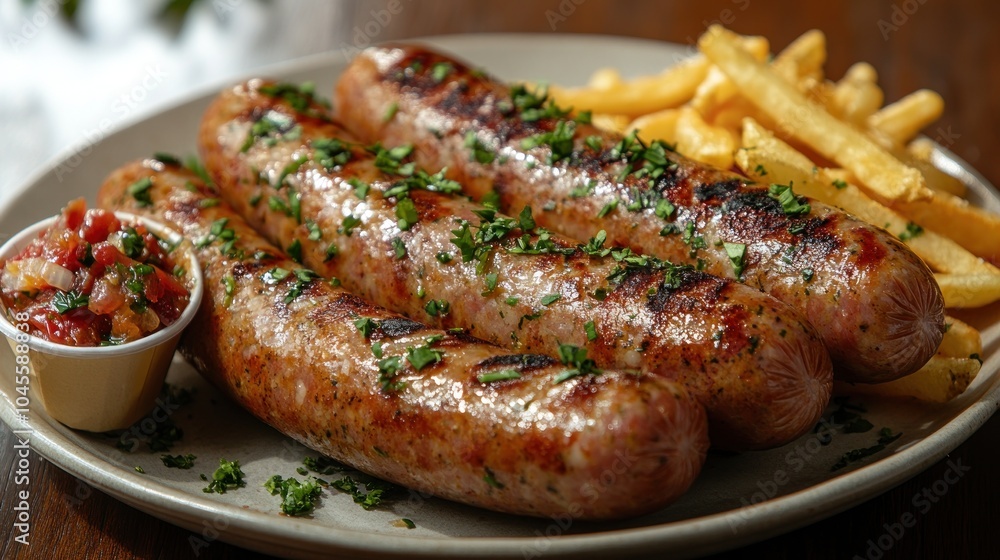 Three juicy sausages garnished with herbs alongside golden fries and zesty salsa Three juicy sausages garnished with herbs alongside golden fries and zesty salsa