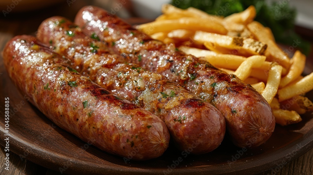 Three perfectly grilled sausages lay next to a generous portion of fries Three perfectly grilled sausages lay next to a generous portion of fries