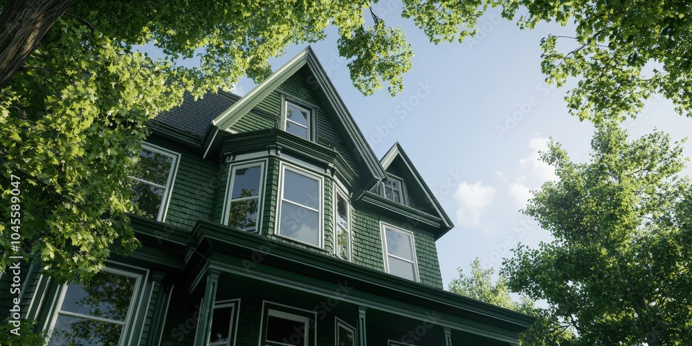 Green Victorian House with Ornate Details and Lush Foliage Green Victorian House with Ornate Details and Lush Foliage