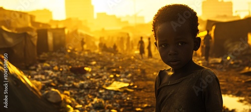 Young child in worn clothes stands among trash with golden sunset illuminating a slum in the background, highlighting socio-economic challenges photo