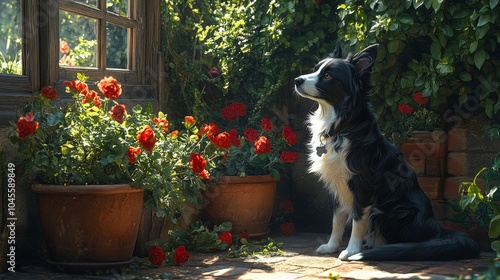 Pets in garden settings, featuring beautiful flowers and greenery. Emphasizing natural and serene presence. Ideal for garden-themed social media posts and pet blogs.