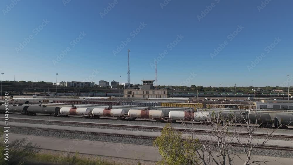 Fort Worth, TX USA - October 19, 2024: Aerial drone video crossing over the railroad tracks towards the Union Pacific Rail Yard Tower in Fort Worth. Fort Worth, TX USA - October 19, 2024: Aerial drone video crossing over the railroad tracks towards the Union Pacific Rail Yard Tower in Fort Worth.