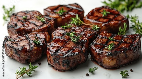 Sizzling steak medallions showcase grill marks and vibrant herb garnishes