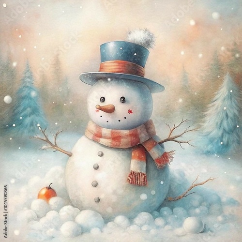 Whimsical Snowman on a New Year's Card, Watercolor-Style Illustration, Snowman with Striped Scarf and Top Hat, Gentle Snowfall and Festive Stars with Copy Space photo