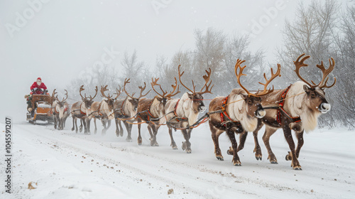 Reindeer in pairs pulling Santa's sleigh, side view.