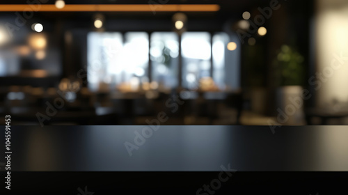 Sleek black table in modern restaurant, blurred elegant dining area with soft ambient lighting, minimalistic luxury, clean lines, dark aesthetic