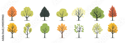 Set of tree and leaf collection hand drawn flat design vector element. botanical set of bare trees and ones with leaves and lush green