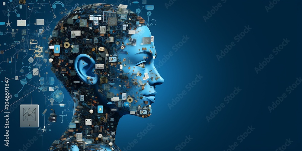 A digital illustration of an AI robot with multiple touch screen windows displaying various marketing A digital illustration of an AI robot with multiple touch screen windows displaying various marketing