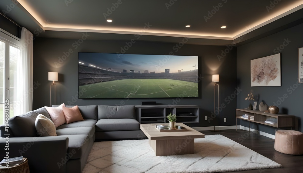 A spacious American family room featuring a large flat-screen TV, a comfortable sectional sofa, and a gaming console. Dark walls and a plush carpet give the room a cozy vibe, while large windows provi A spacious American family room featuring a large flat-screen TV, a comfortable sectional sofa, and a gaming console. Dark walls and a plush carpet give the room a cozy vibe, while large windows provi