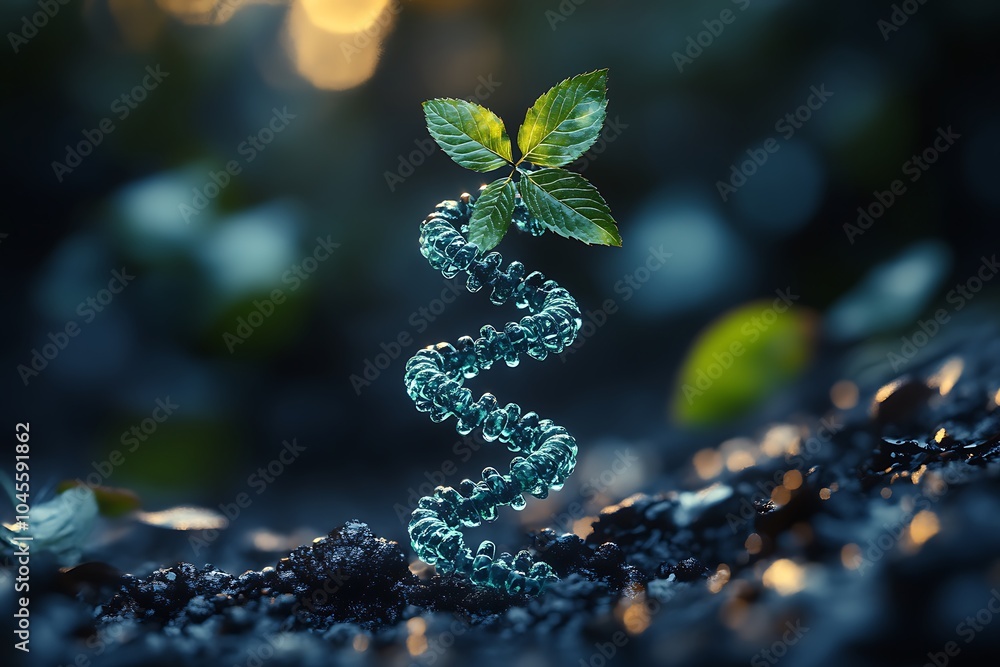 A plant with DNA molecule as stem growing from the soil. A plant with DNA molecule as stem growing from the soil.