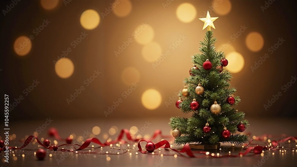 Classic Christmas Tree with Red and Gold Ornaments, Soft Bokeh Lights in Background, Warm New Year Card Design Classic Christmas Tree with Red and Gold Ornaments, Soft Bokeh Lights in Background, Warm New Year Card Design