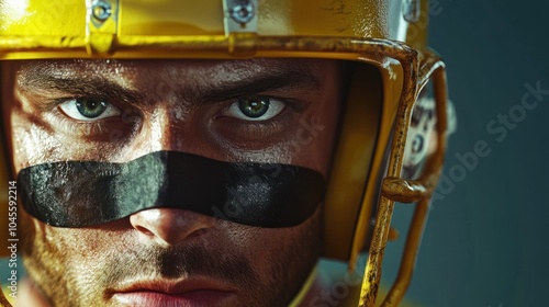 A football player with a yellow helmet and a black noseband photo