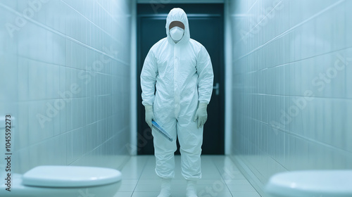 A person in protective clothing stands in a sterile restroom environment, conveying themes of safety and health protocols. photo