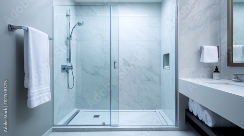 Modern bathroom interior featuring a glass shower enclosure, sleek marble walls, and minimalist design elements for contemporary aesthetics.