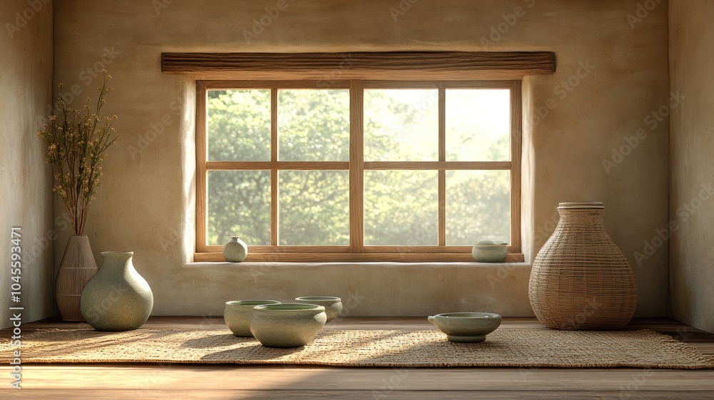 A traditional Japanese tea ceremony set in a room with a window overlooking a garden. A traditional Japanese tea ceremony set in a room with a window overlooking a garden.