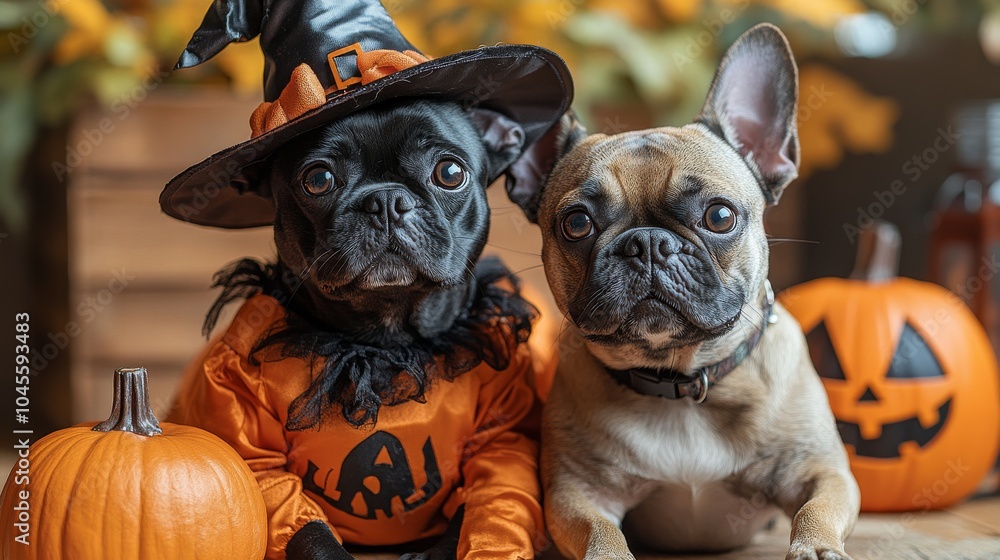 Obraz premium Pets in Halloween costumes with various outfits and decorations. Celebrating Halloween with spooky fun. Ideal for Halloween events and pet costume parties.
