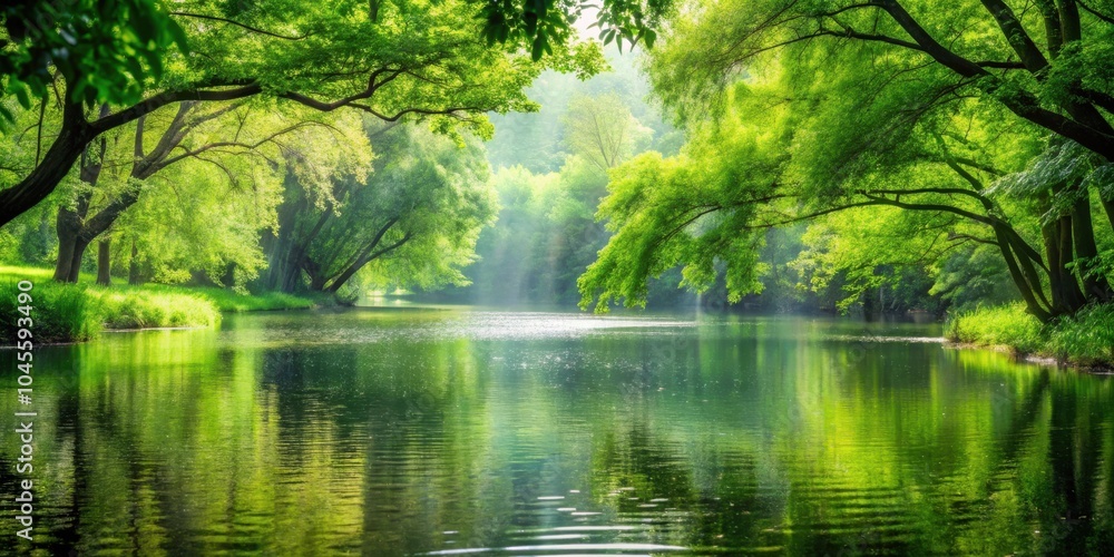 A Tranquil River Scene With Lush Greenery, Sunlight, and Reflections of Trees in the Water A Tranquil River Scene With Lush Greenery, Sunlight, and Reflections of Trees in the Water