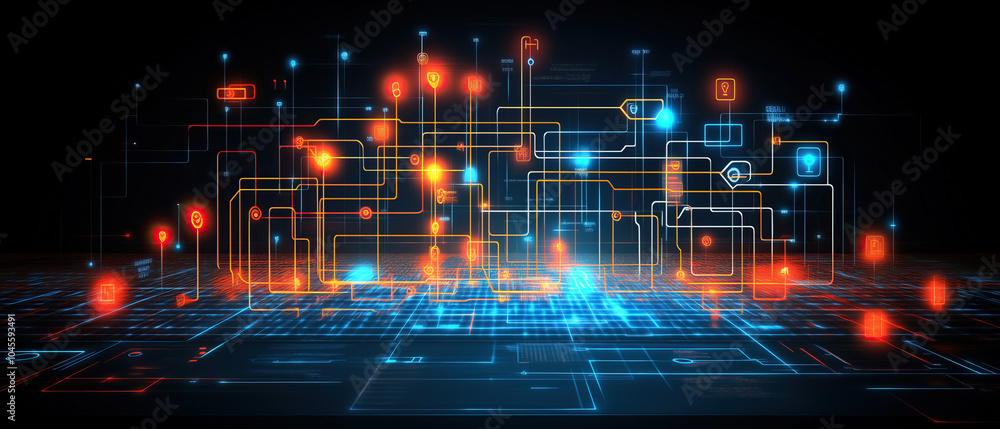 A vibrant showcase of advanced technology and AI is highlighted by colorful data patterns and glowing digital circuits on a dark background, revealing intricate connections A vibrant showcase of advanced technology and AI is highlighted by colorful data patterns and glowing digital circuits on a dark background, revealing intricate connections