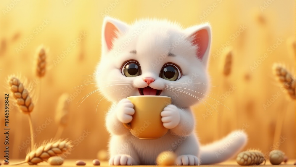 Adorable white kitten holding a cup in a rustic wheat field, conveying warmth and cuteness in a sunlit setting. Adorable white kitten holding a cup in a rustic wheat field, conveying warmth and cuteness in a sunlit setting.