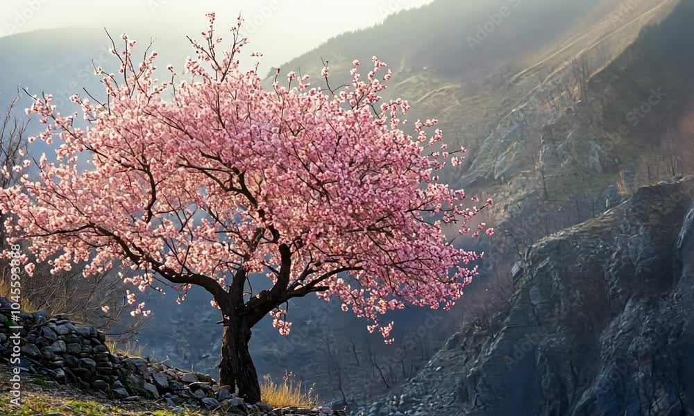 A vibrant cherry blossom tree stands against a mountainous backdrop, showcasing nature's beauty. A vibrant cherry blossom tree stands against a mountainous backdrop, showcasing nature's beauty.