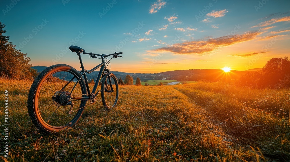A black mountain bike sits on a grassy hill overlooking a scenic sunset. A black mountain bike sits on a grassy hill overlooking a scenic sunset.