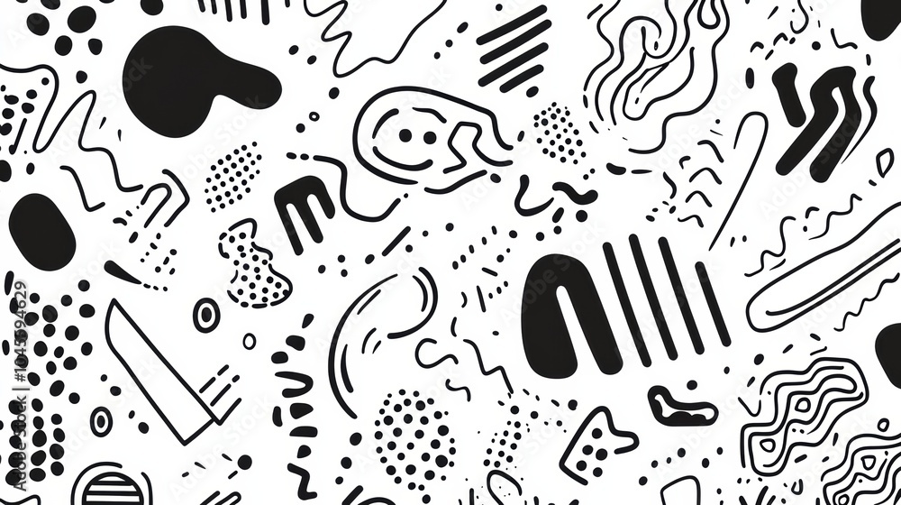 A vibrant array of abstract black and white doodles features various patterns, lines, circles, zigzags, and spirals intricately woven together. Generative AI A vibrant array of abstract black and white doodles features various patterns, lines, circles, zigzags, and spirals intricately woven together. Generative AI