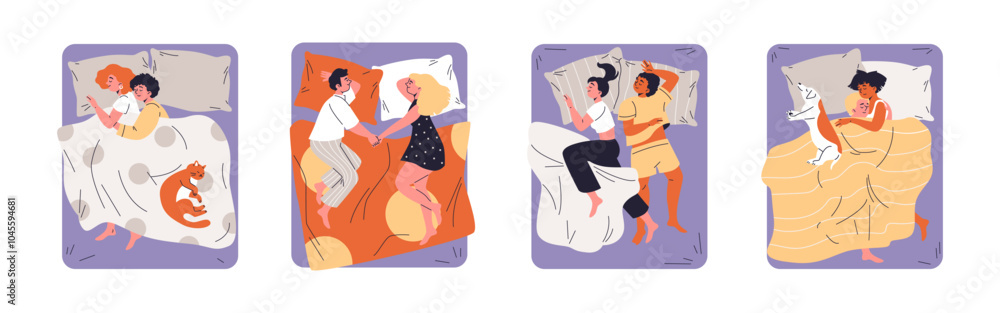 Young heterosexual and homosexual couples hugging lying on bed with pet, relationship in love and conflict vector set Young heterosexual and homosexual couples hugging lying on bed with pet, relationship in love and conflict vector set