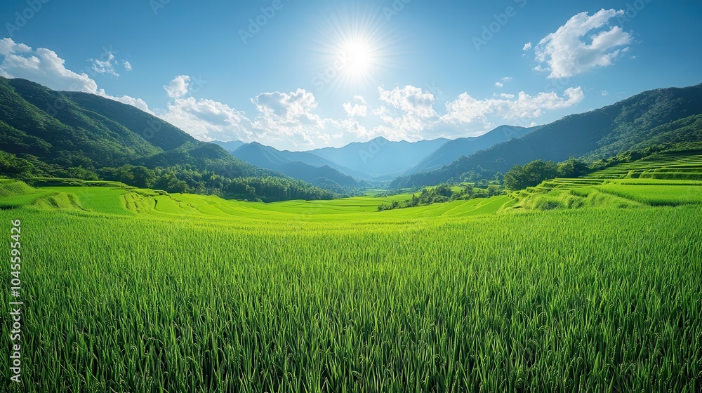 Obraz premium vibrant green rice field stretching endlessly towards the horizon under a clear blue sky evoking feelings of tranquility and abundance showcasing the beauty of natures bounty