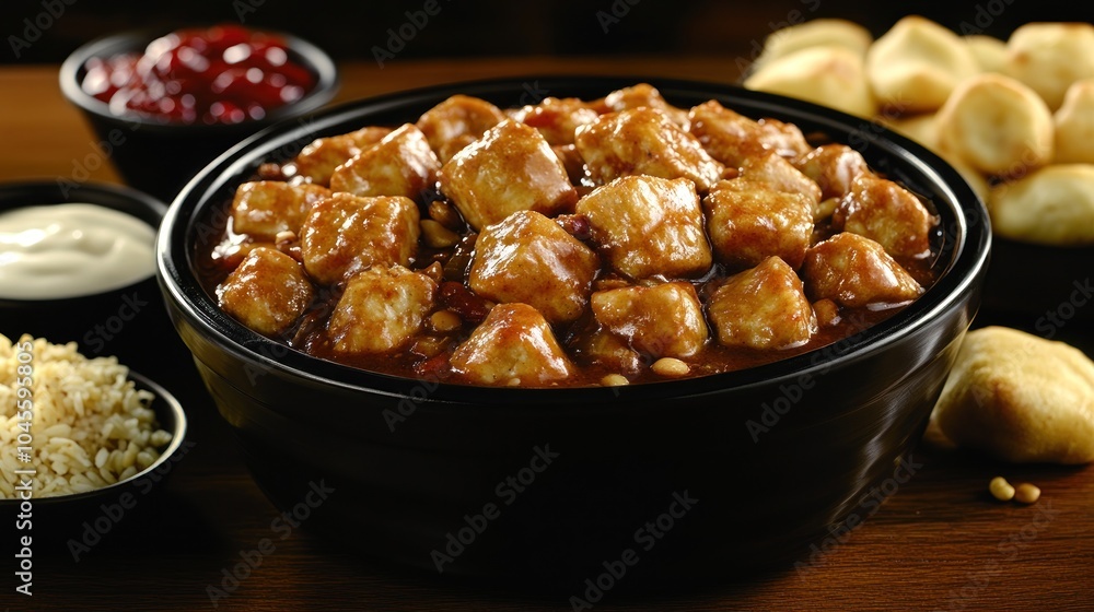 A bowl of chicken and bean chili with sides of rice, sour cream, and cranberry sauce. A bowl of chicken and bean chili with sides of rice, sour cream, and cranberry sauce.