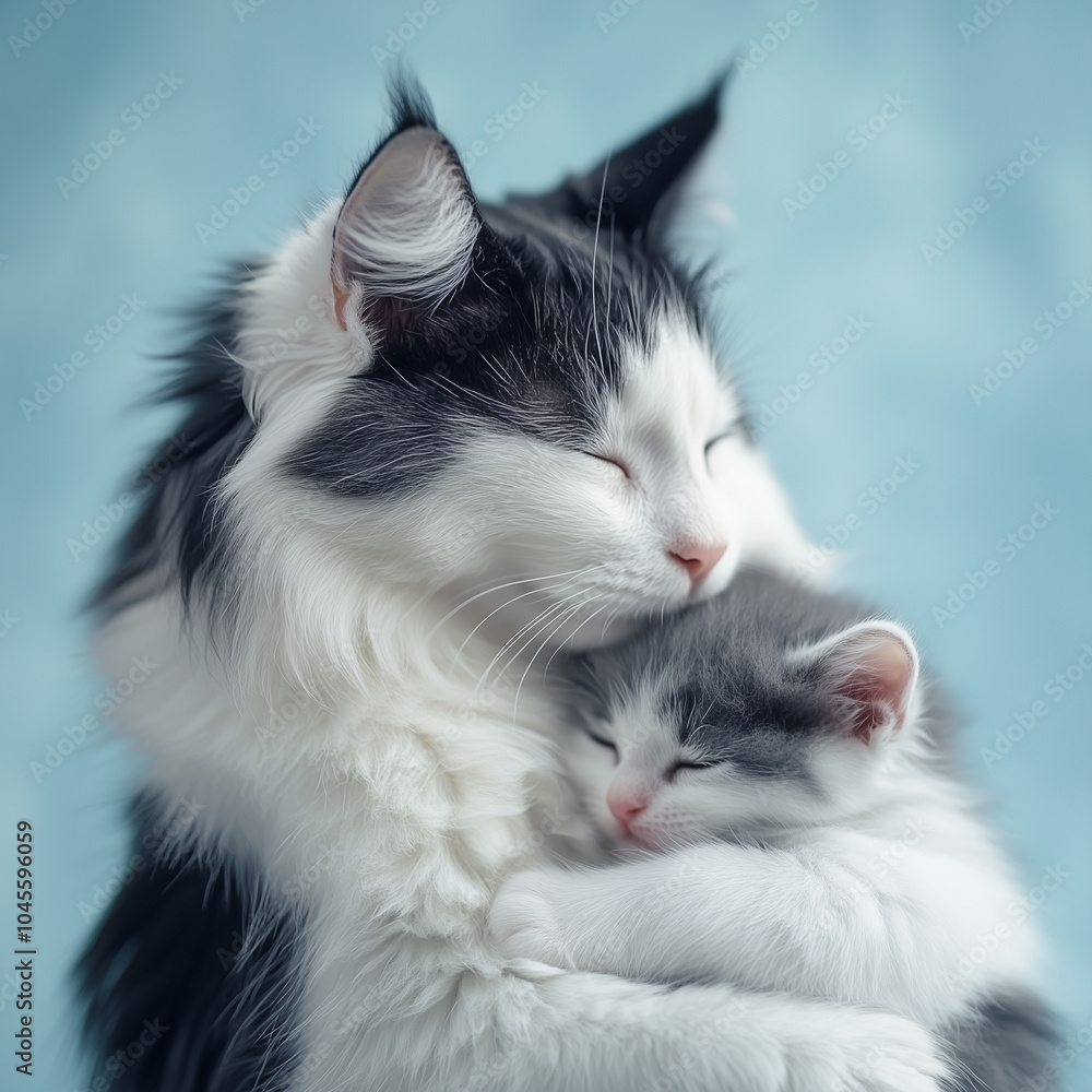 Norwegian Forest Cat Cuddling Kitten on Soft Blue Background Norwegian Forest Cat Cuddling Kitten on Soft Blue Background