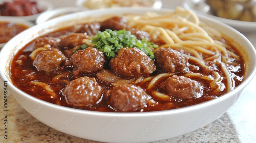 A bowl of Chinese beef meatballs with noodles and broth. A bowl of Chinese beef meatballs with noodles and broth.