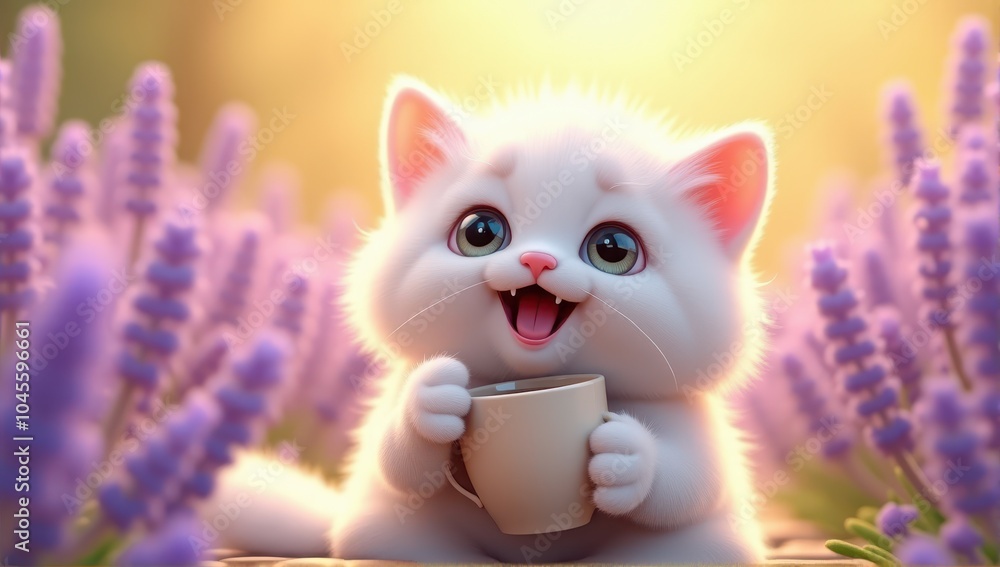 A fluffy white kitten joyfully holding a cup amid vibrant purple flowers under golden sunlight, capturing a moment of whimsical charm and warmth. A fluffy white kitten joyfully holding a cup amid vibrant purple flowers under golden sunlight, capturing a moment of whimsical charm and warmth.