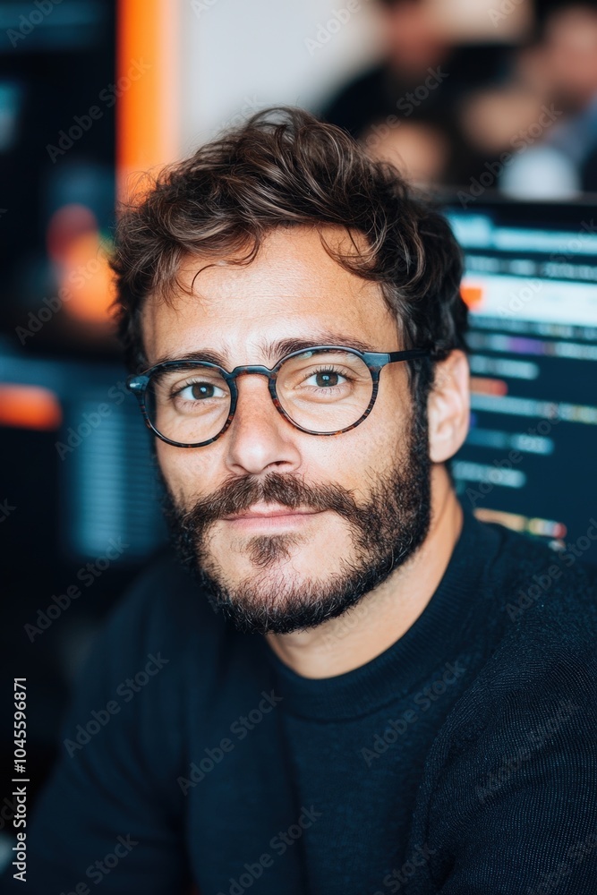 Young man with glasses working intently on a computer in a modern office setting Young man with glasses working intently on a computer in a modern office setting