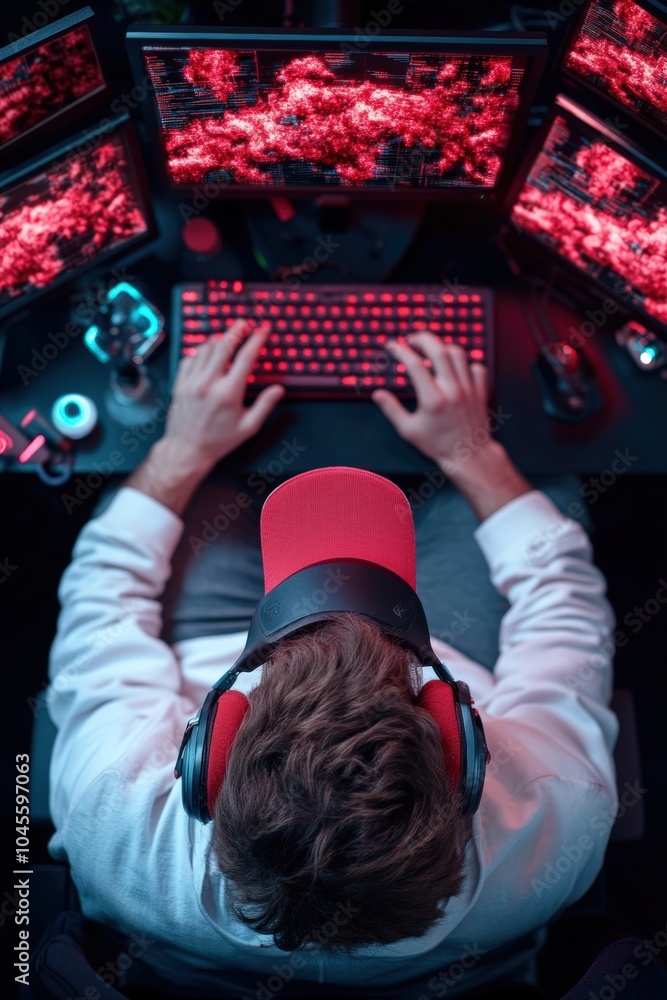 Obraz premium Gamer immersed in a dynamic gaming setup with multiple screens and vibrant lighting at night