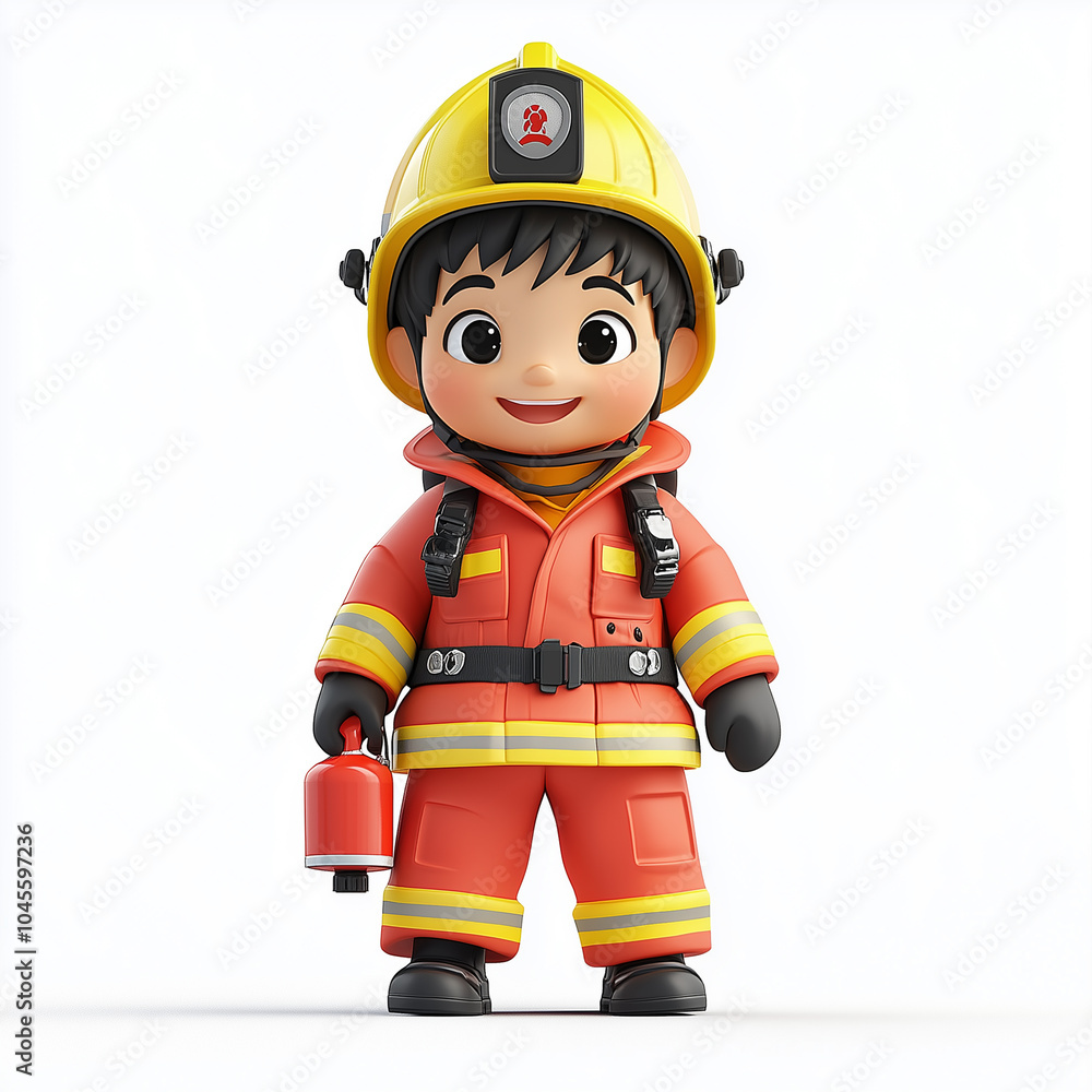 Fototapeta premium a 3D cartoon firefighter while spraying water with a hose in the fire. The firefighter wears a bright red helmet and full protective gear 