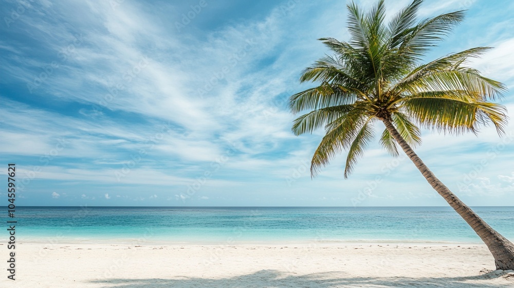 Idyllic tropical beach paradise with a lone palm tree leaning over pristine white sand, crystal-clear turquoise waters, and a serene blue sky dotted with wispy clouds. Idyllic tropical beach paradise with a lone palm tree leaning over pristine white sand, crystal-clear turquoise waters, and a serene blue sky dotted with wispy clouds.