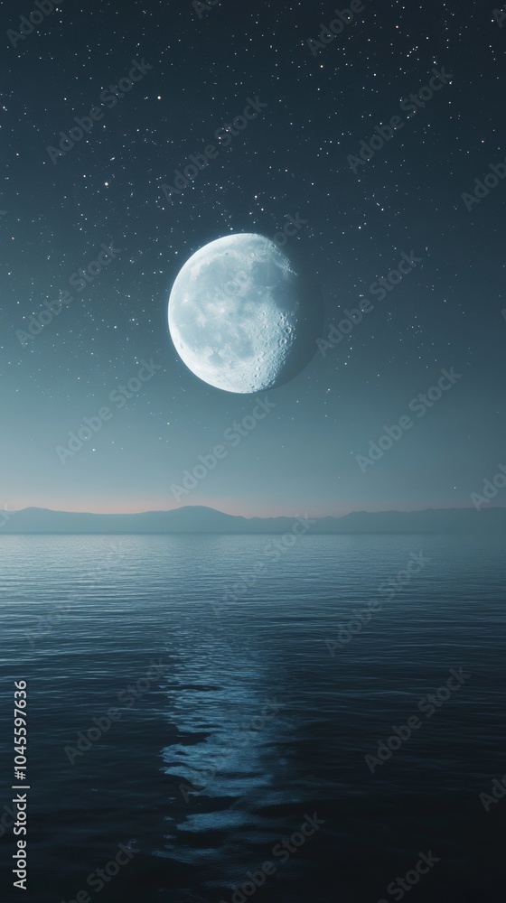 A bright full moon hangs in a tranquil sky filled with stars, casting gentle light over calm waters, with distant mountains creating a serene backdrop at dusk A bright full moon hangs in a tranquil sky filled with stars, casting gentle light over calm waters, with distant mountains creating a serene backdrop at dusk